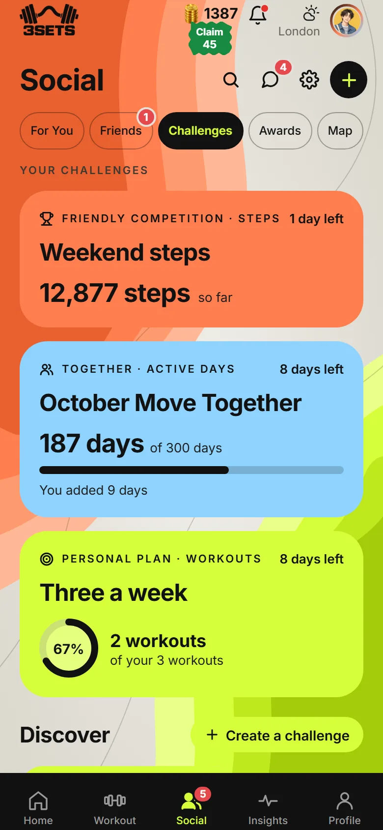 Weekly step and workout challenges with a leaderboard
