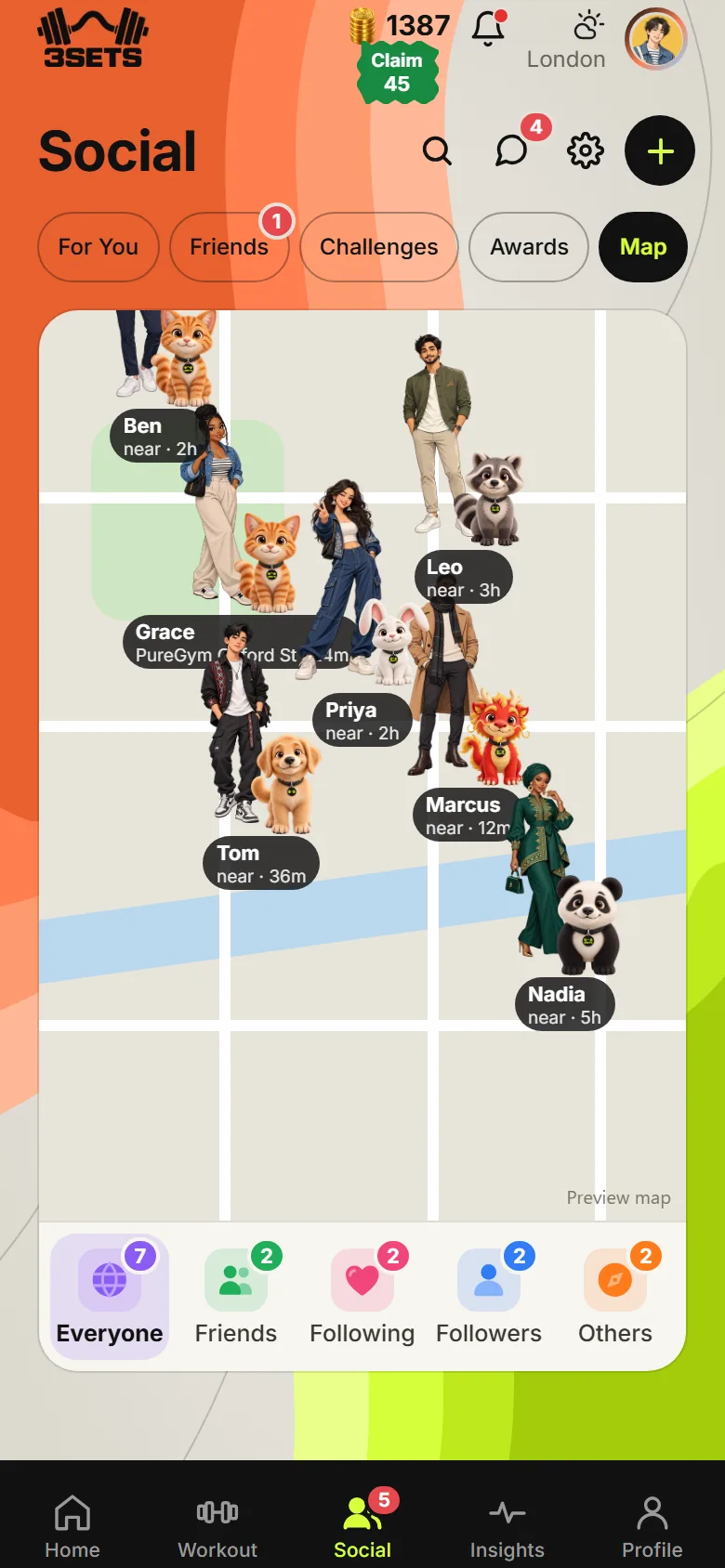 People on the map as their characters with their buddies, and tabs to filter them
