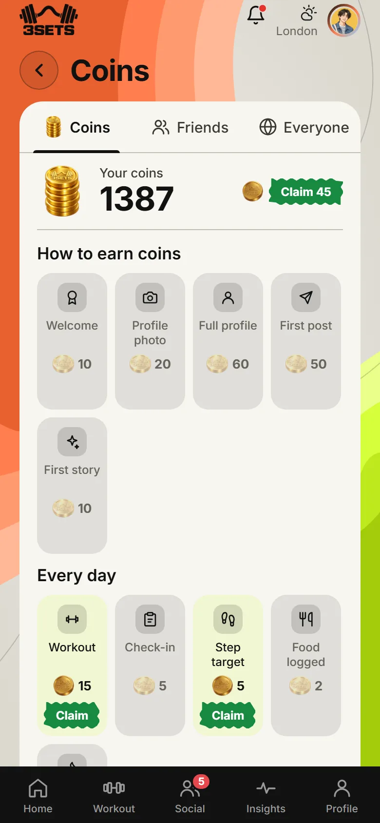 Coins waiting to be claimed, with the leaderboard