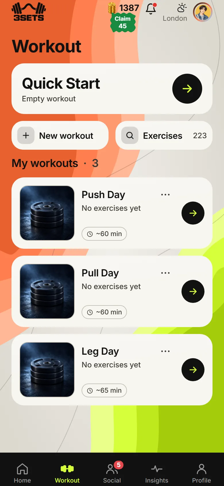 The Workout tab with Quick Start and saved workouts